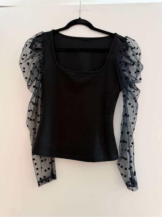 Tops - Black Puff Sleeve Mesh Polka Dot Women's Top
